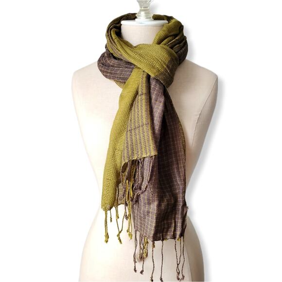 Sacred Threads Scarf Wrap Boho Earthy Neutral Olive Gold Brown Fringe Woven NEW - Picture 1 of 10